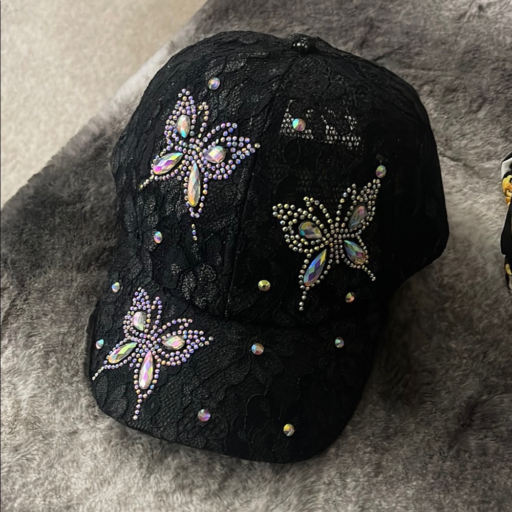 Black Lace Cap with Rhinestone Butterflies